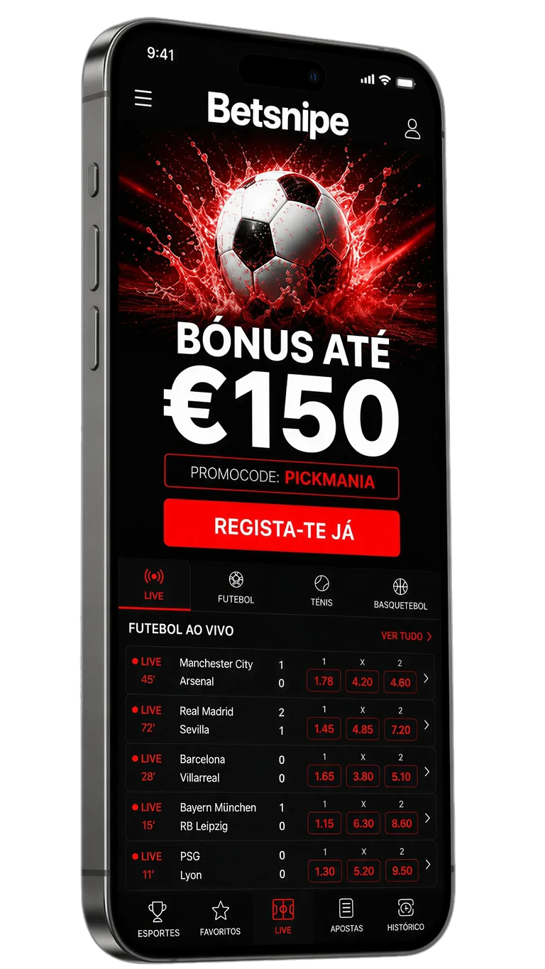App Móvel Betsnipe | Apostas no Telemóvel com Bónus PICKMANIA App móvel Betsnipe em iPhone com bónus de €150 e código PICKMANIA