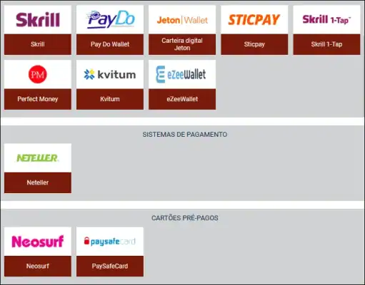 Métodos de pagamento e levantamento disponíveis