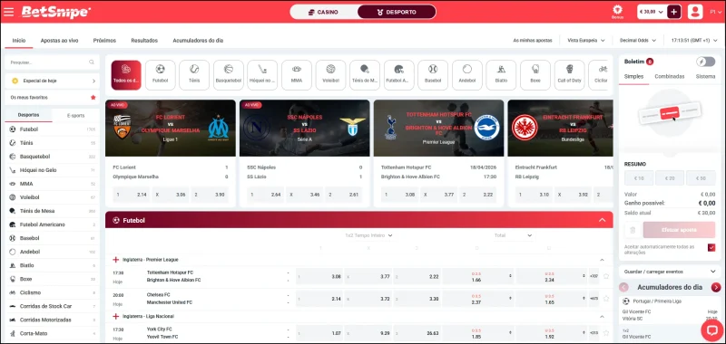 Interface da Betsnipe com apostas ao vivo e mercados desportivos