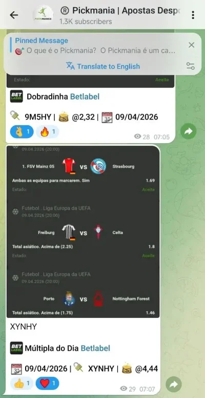 Canal Pickmania entre os melhores grupos de apostas Telegram Portugal com tips diária