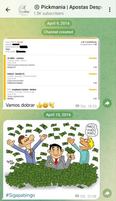 pickmania canal apostas telegram criado em abril de 2016 o mais antigo de portugal